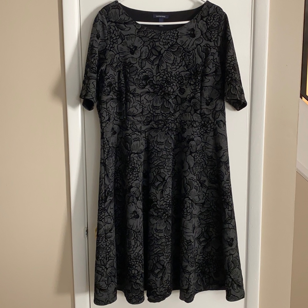 Lands' End Black and Gray Floral A-Line Dress